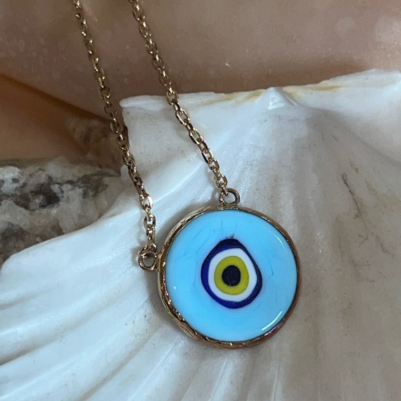 Blue Glass Evil Eye 18k Yellow Gold Over Sterling Silver Necklace - Picture 3 of 5